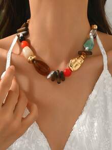 Niche Vintage Mixed Color Asymmetric Agate Resin Wood Bead Bracelet, Pastoral Vacation Style Versatile Necklace Accessory - Multicolor CCB - View 2