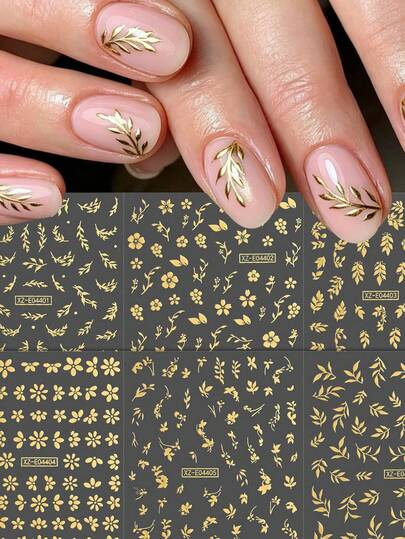 6Pcs Metallic Golden Leaves & Tiny Wildflower Nail Art Stickers Self Adhesive Branch Floral Nail Decoration Stickers Elegant Minimal Nail Accessories For Salon Home DIY Manicure, Spring Summer Nail Decor For Women Girls