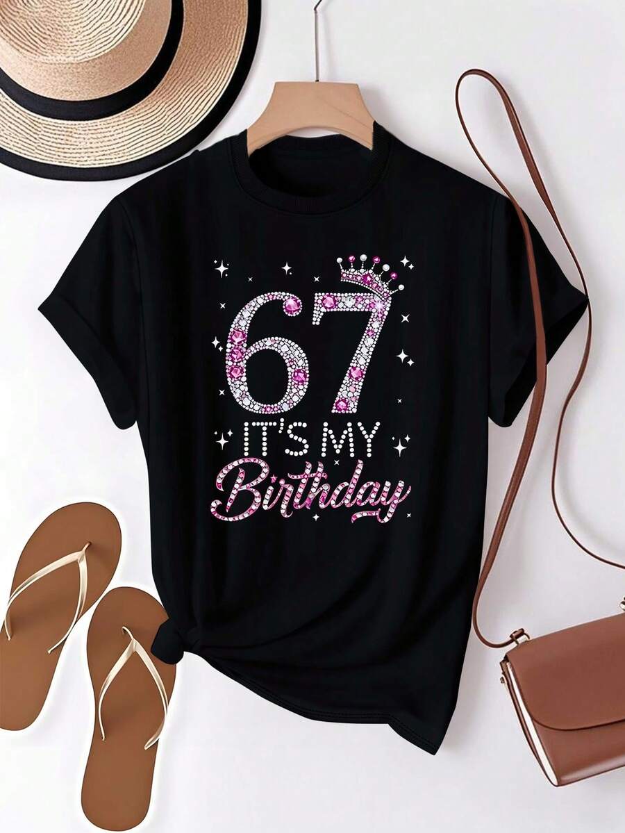 Women's 67th Birthday T-Shirt - 67th Birthday Gift With Sparkling Number 67, Pink, Stars And Crowns - Casual White Short Sleeve Crew Neck Top For 67th Birthday Party - 黑色 - 查看 1