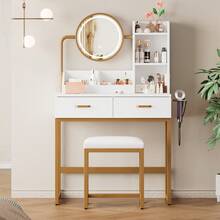 Modern Dressing Table / Fashionable Dressing Table / Rotating Mirror – Incl. Stool & Gold Metal Legs / Plenty Of Storage Space: 2 Drawers + 2 Open Shelves / White, Dimensions: 80*138.5*40 Cm - White+Gold - 查看 4