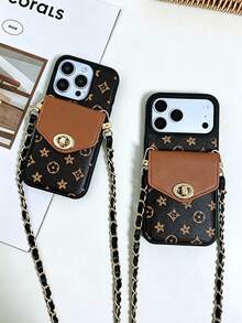 1 pieza Funda de teléfono cruzada con estilo de fragancia de lujo, monograma, contraste y cierre de cadena, cuero acolchado con patrón vintage premium, funda protectora portátil con cadena de cuero para monedas y tarjetas para mujeres, compatible con Apple/ Galaxy S24 Ultra/ 17 Pro Max/16 Pro Max/12 Pro/13/14 Plus/15 Pro Max - Marrón - Ver 3
