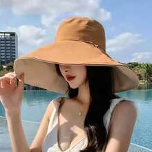1件女款可調節抽繩水桶帽，雙面柔軟防曬帽附下巴繩，防風防紫外線旅行海灘日常帽 - 彩色 - 查看 9