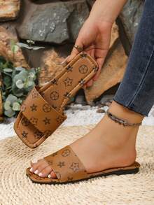 Women's Designer Style All-Over Print Open Toe Slides, Soft Faux Leather Casual Summer Outdoor Shoes - Camel - View 5