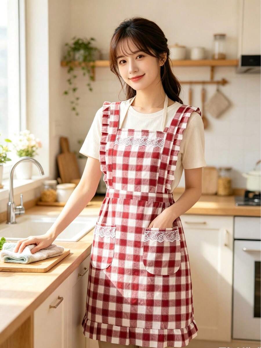 1pc/2pcs Fashionable Maroon Plaid Princess Apron, Breathable Cute Cooking/Cleaning Apron For Women, Summer New Style (Actual Color Is Maroon Due To Lighting And Angle, Suitable For Weight Under 70kg, Standard Size, Not Plus Size)