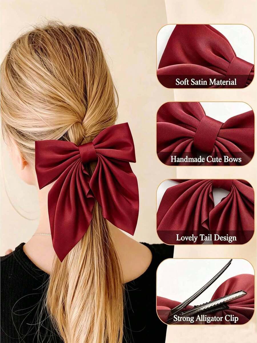 1/2pcs Red & White Color Block Knot Swallowtail Alligator Hair Clip, Girls Daily Casual Sports Half-Up Hair Styling Accessory - Multicolor - View 1