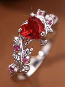 1pc Fashion New Red Heart-Shaped Cubic Zirconia Inlaid Ring, Engagement Jewelry Suitable For Women, Gift For Family/Friends/Lovers/Valentine's Day - Red - View 3