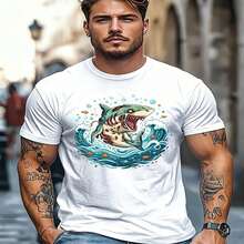 Men's Plus Size T-Shirt, Comfortable And Versatile, Easy To Clean, With Cartoon Zombie Shark Design For Casual Wear - 白色 - 查看 2