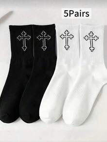5/20 Pairs Men's All-Season Versatile Comfortable Simple Black And White Solid Color Pattern Mid-Calf Socks - Multicolor - View 4
