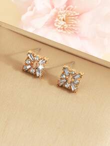 1 par de pendientes cortos cuadrados, pendientes cuadrados, diseño con sentido femenino, pendientes de estilo coreano cool de nicho, femenino - Dorado - View 2