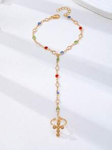 1pc Gold-Plated Multicolor Cubic Zirconia Cross Bracelet Ring Combo Chain - Exquisite Rainbow Zirconia Finger Chain, Women's Jewelry - Cross Ligature Bracelet - View 4