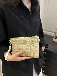 春夏新款草編女包 百搭批發小眾 肩背斜背甜美小方包 - 米色 - 查看 7