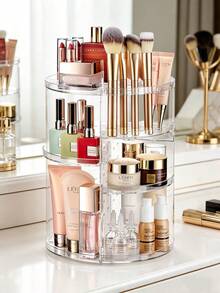 Organizador de cosméticos giratorio 360° DIY ajustable, soporte giratorio para maquillaje, caja de almacenamiento de cosméticos de gran capacidad, soporte para brochas de maquillaje, adecuado para mesa de tocador (transparente) - Multicolor - Ver 2