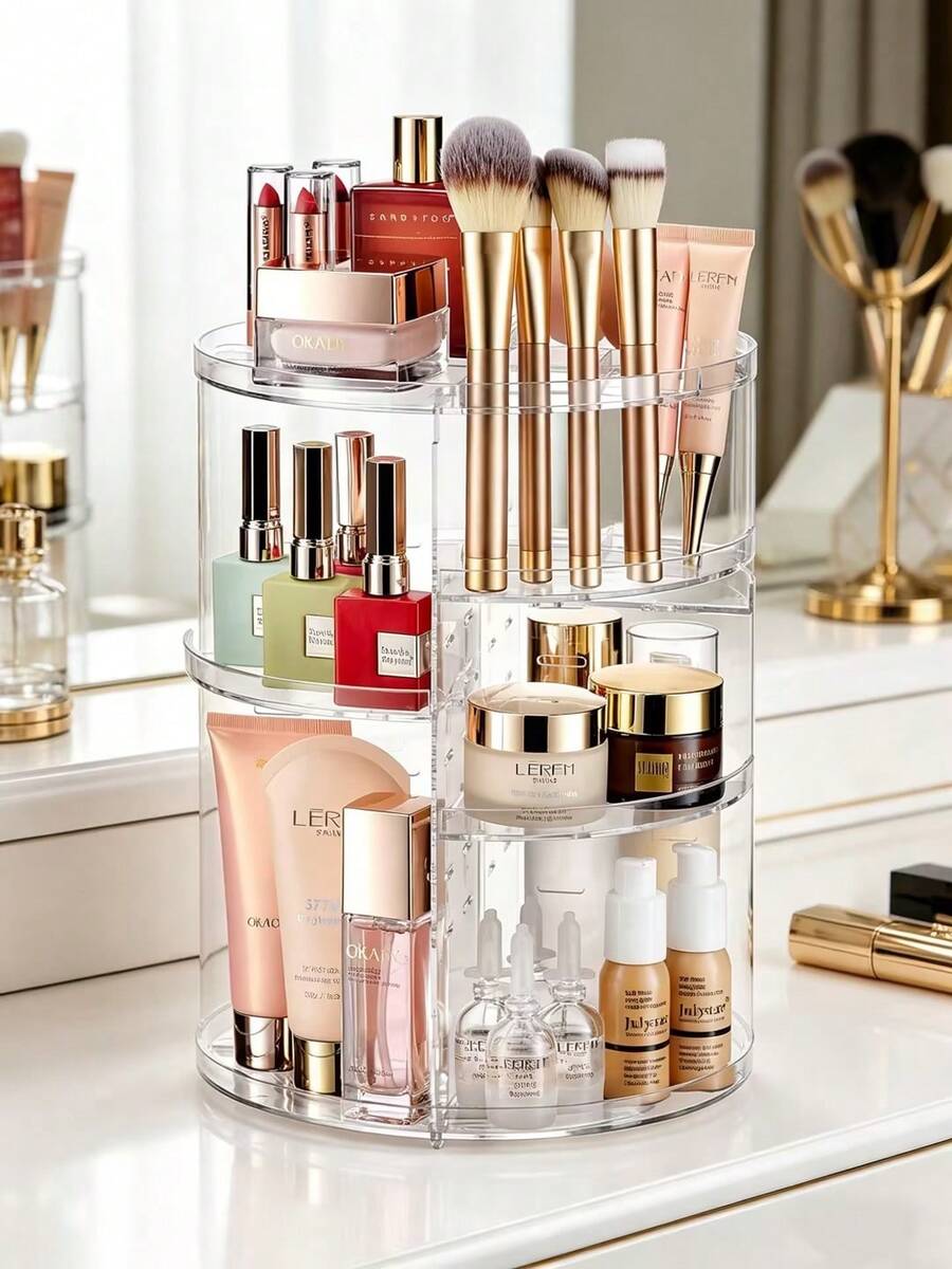 Organizador de cosméticos giratorio 360° DIY ajustable, soporte giratorio para maquillaje, caja de almacenamiento de cosméticos de gran capacidad, soporte para brochas de maquillaje, adecuado para mesa de tocador (transparente)