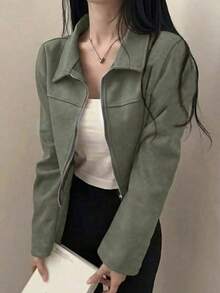 女士休闲纯色仿麂皮绒领拉链短外套，春秋冬季 - 綠色 - 查看 3