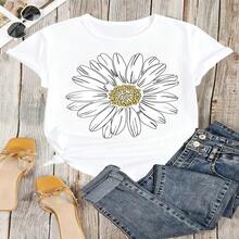 Daisy Flower Graphic T-Shirt, 100% Cotton Oversized Soft Breathable Casual Crewneck Short Sleeve Top, Summer Vibes Aesthetic Tee For Women & Nature Lovers - 白色 - 查看 18