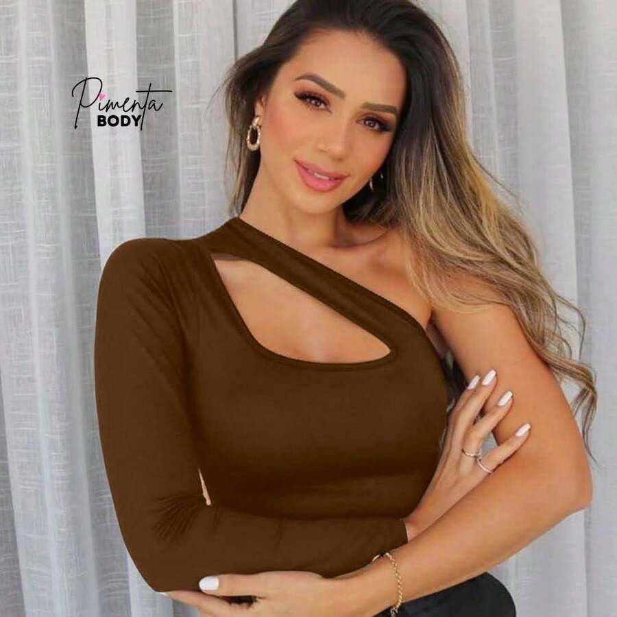 Body Feminino Angelina Gola Choker Suplex com Manga Bufante Alfaiataria em Suplex Premium - Marrom - Visão 1