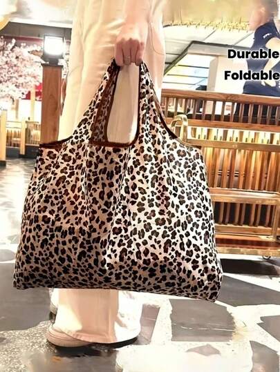 1pc Women's Large Capacity Leopard Print Tote Bag - Spacious Durable Polyester Shopping Handbag, Brown, Foldable Design, Suitable For Daily Life, New Year, Travel, Sturdy Handle, Fashion Accessory, Valentine's Day Shopping
