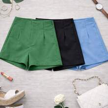 Set Of 3 Women's Tailored High-Waisted Dress Shorts, Elegant, Casual, Summer Fashion, Work, Office - 旗色綠/黑/淺藍 - 查看 1