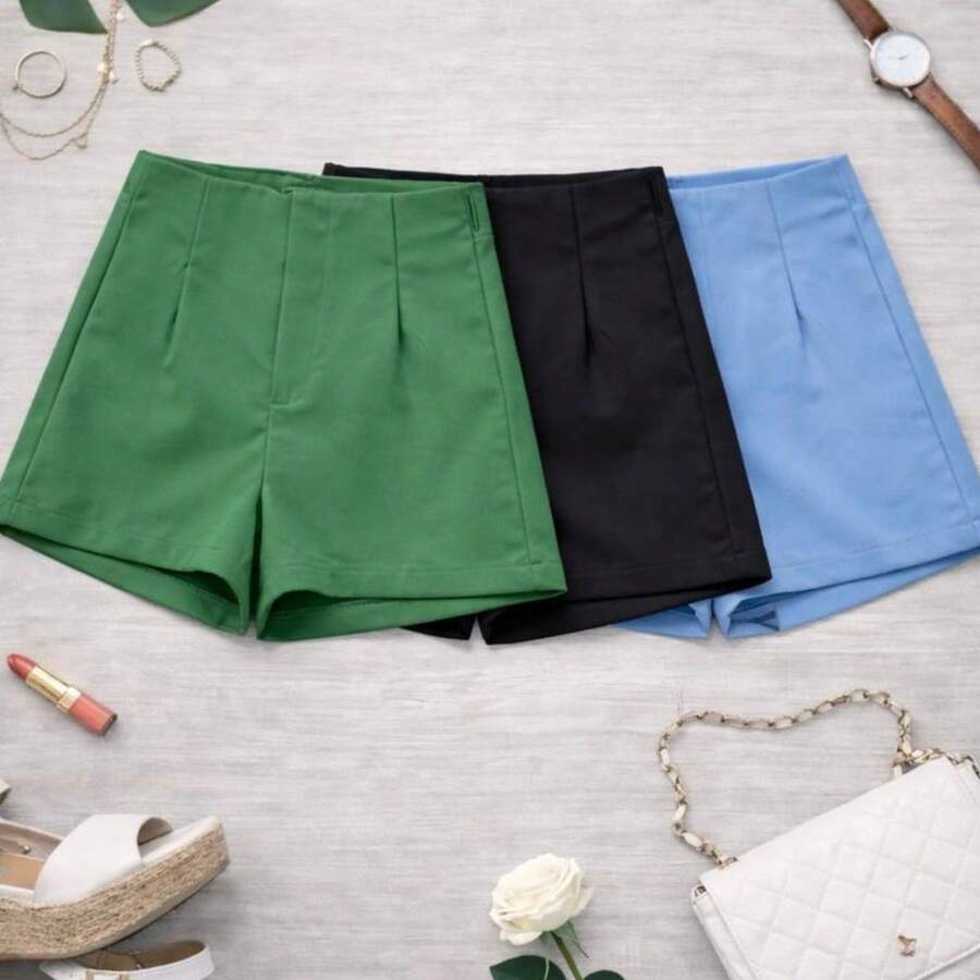 Set Of 3 Women's Tailored High-Waisted Dress Shorts, Elegant, Casual, Summer Fashion, Work, Office - 旗色綠/黑/淺藍 - 查看 1