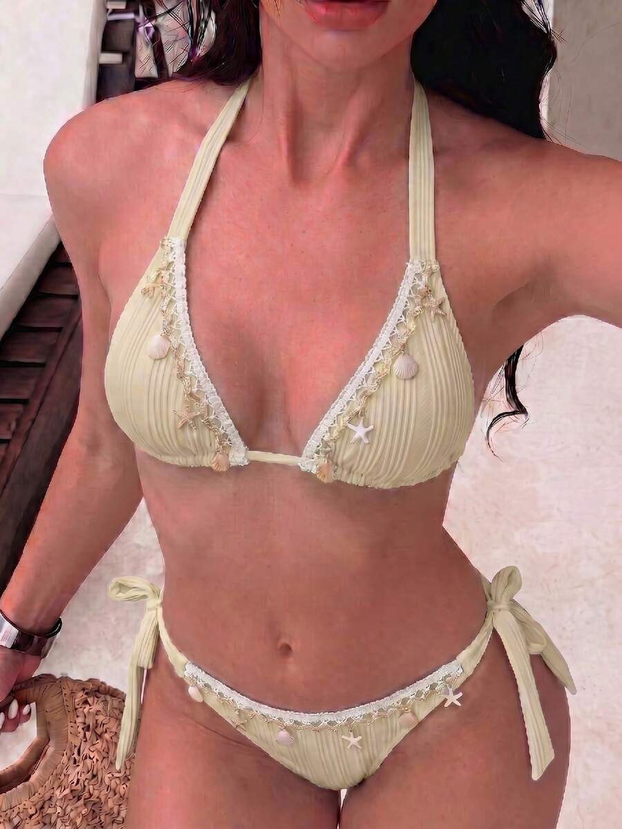 2件組女款海洋主題裝飾性性感休閒比基尼套裝,掛脖純色泳衣,適合夏季度假 - 淺米色 - 查看 1