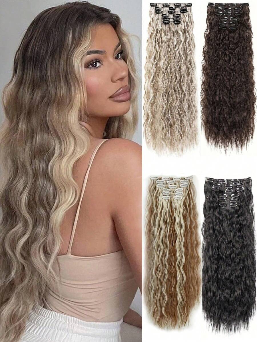 6pcs 24 Inch Black & Brown Clip-In Hair Extensions, Long Mermaid Wave Synthetic Fiber Clip-In Hair Extensions For Women