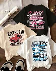 3 pc Camiseta económica manga corta algodón, estampado racing en espalda, tres tonos clásicos. Diseño versátil, ideal para uso diario, paseos informales y armar conjuntos juveniles a precio - Negro - Ver 1