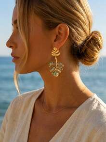 1Pair Summer Turtle Backed Leaves Abalone Shell Earrings For Women Stainless Steel Dangle Earrings For Travel Vacation Season Festival Jewelry Gifts - Multicolor - View 2