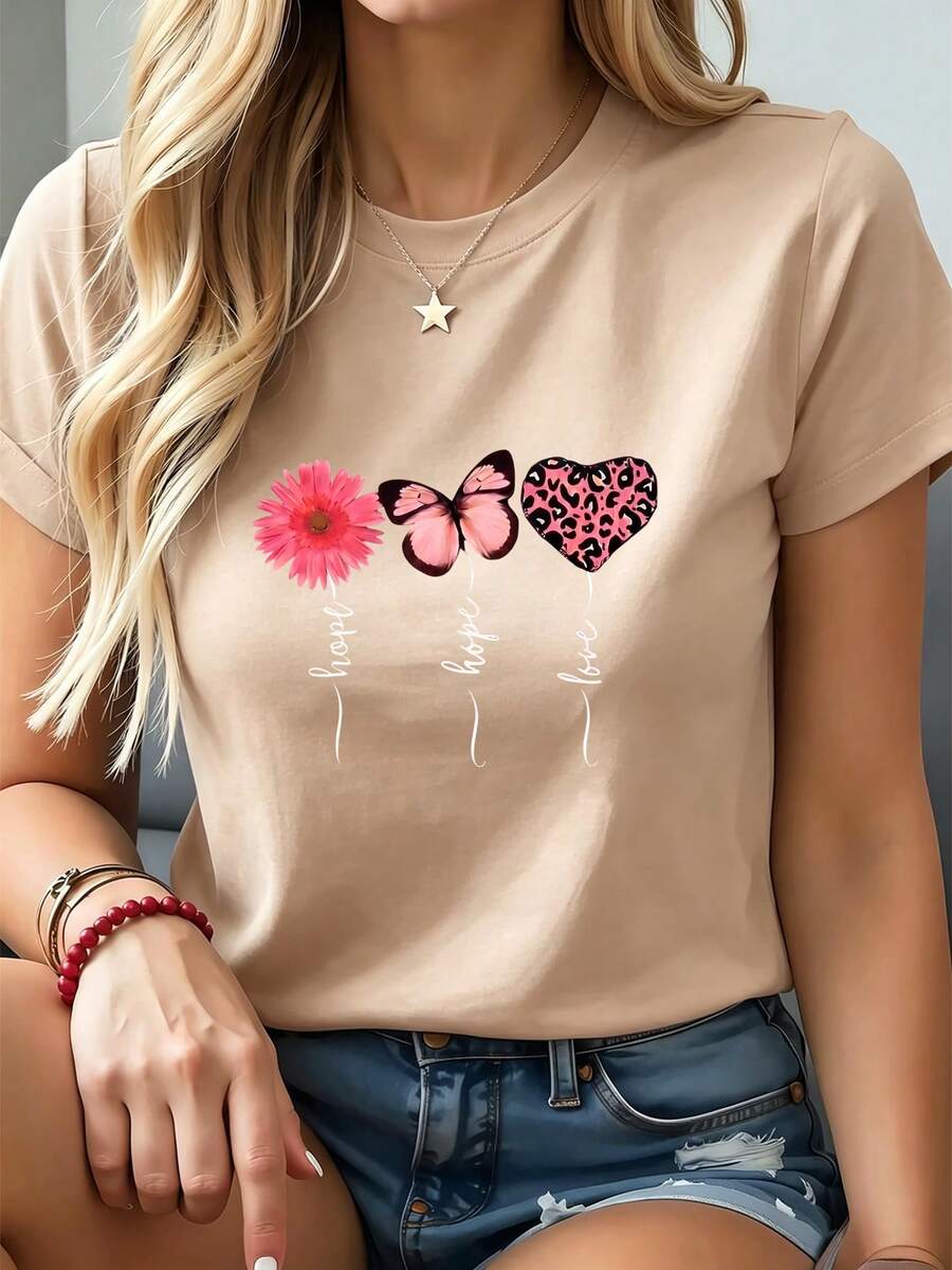 Women's Short-Sleeved T-Shirt, A New Summer Garment With A Print And Round Neck. A Basic, Comfortable, And Lightweight Style, It's Youthful, Goes With Everything, And Is Ideal For Casual Looks. - 杏色 - 查看 1