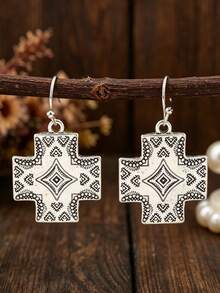 1 Pair Western Cross Geometric Totem Distressed Earrings, Vintage Personalized Minimalist Earrings - Antique Silver - View 6