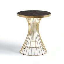 60cm Round Marble Texture Side Table, Gold Steel Base, Glossy Top, Suitable For Living Room/Dining Room/Coffee Corner - Brown - View 2