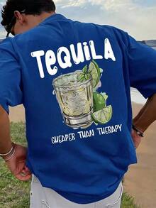 Men's Short, Loose-Fitting T-Shirt With A  Print, Showing Off Your Style, Perfect For Casual Summer Wear And Lounging At Home. - 藍色 - 查看 3