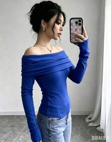 Women's Elegant Off Shoulder Ruffle Long Sleeve Solid Color Blouse - azul real - Ver 3