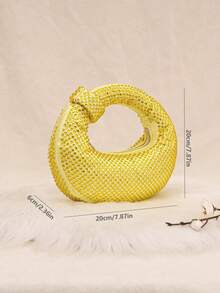 Mini Hobo Bag In A Crescent Shape, Fully Covered In Rhinestones, Integrated Circular Handle With Bow, Zipper, Various Colors, Women's Party, Wedding, Birthday Gift - 橘色 - 查看 8