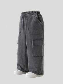 1 pezzo Jeans in denim casual da ragazzo, con design cargo a gamba larga e morbida, nuovo arrivo estate 2025 - Grigio Scuro - Visualizzare 2