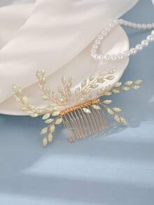 1pc Vintage Elegant Gold-Plated Full Rhinestone Olive Leaf Side Hair Accessory Bridal Wedding Accessory - Multicolor - View 4