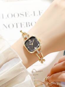 Women's Gift Watch, Fashion Casual Square Minimalist Roman Numeral Rhinestone Dial Elegant Quartz Bracelet Wristwatch (1pc/Set), Watch Box Not Included - Gold - View 4