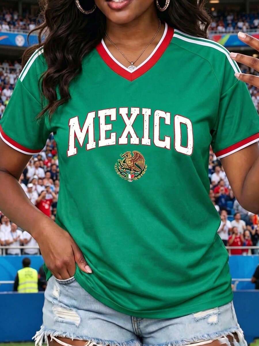 Loose-Fitting Women's T-Shirt, Printed With The Colors Of The National And The Mexican Flag, Ideal For The National Team. Comfortably Soft For Everyday Wear. - 紅色和黑色 - 查看 1