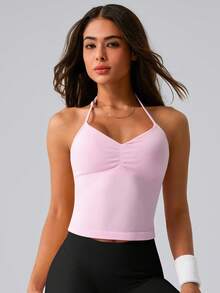 NcmRyu Top deportivo para mujer de 1 pieza, color liso, cuello halter, tirantes finos ajustables, escote en V, fruncido y espalda descubierta - Rosa - Ver 6
