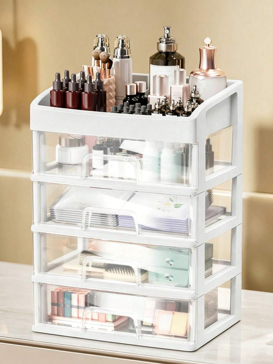 Large Capacity Cosmetic Storage Box With Drawers, Dustproof And Waterproof, Durable, And Perfect For Organizing Cosmetics, Makeup, Perfume, Lipstick, And Makeup Brushes. A Popular Gift For Women. White/Khaki. - White - View 1
