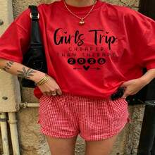 Heartfelt Daily Casual Graphic T-Shirt 100% Cotton Oversized Soft Breathable Casual Crewneck Short Sleeve Top Cute Aesthetic Daily  Basic Red Gingham Shorts Women's Outfit Summer Look Casual Wearers Fashion Lovers Daily Outfit Enthusiasts Gift Givers - 紅色 - 查看 18