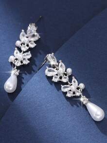 1pair Elegant Leaf Tassel Cubic Zirconia & Faux Pearl Dangle Earrings For Women Festivals Wedding Engagement Anniversary Party Jewelry Gift - White - View 6