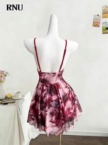 Women's New Elegant Sexy Metal Button Decor Party Dress, Vintage Style Irregular Pattern Vacation Outfit, Suitable For Beach, Commuting And Afternoon Tea With Friends; Made Of Advanced High Elasticity Fabric, Mini Fit, Slim Lines, A-Line Skirt, Sleeveless Design, Asymmetric Hem, Showcasing Fashion Charm - Multicolor - View 6