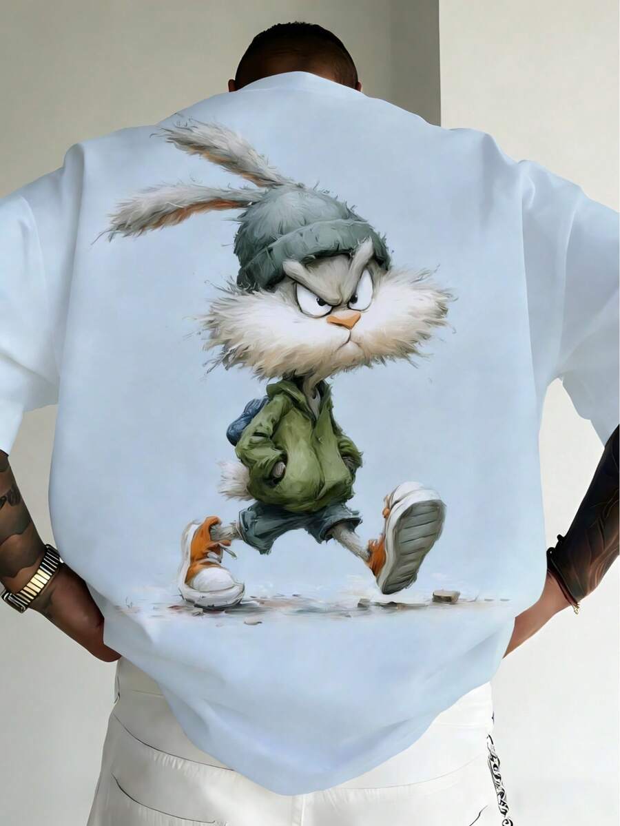 Light Blue Vintage Workwear Angry Rabbit Back Print Short Sleeve T-Shirt Men Plus Size Loose Drop Shoulder Casual Top - Baby Blue - View 1