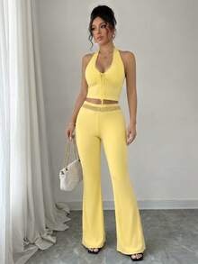 abyoxi Damen Gelbes Spitzen-Patchwork-Halterneck-Crop-Top mit Bindung hinten und Spitzen-Taillen-Hose mit hoher Taille und ausgestelltem Bein, 2-teiliges Set, jung, sexy, süß, lässig, für Urlaub, Alltag, Ausgehen, Zuhause, Date, Sommer-Outfit mit kurzem Top und langer Hose - Gelb - Übersicht 1
