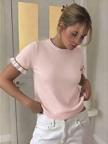Jersey de punto de manga corta con cuello redondo, volantes y bloques de color, estilo casual de verano para mujer, color rosa - Rosa - Ver 5