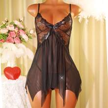 Váy búp bê ren 1+Quần lót 1, váy ngủ xẻ trước, váy ngủ ren hoa tương phản, trang phục phòng ngủ, trang phục gợi cảm, nội y cosplay tiên nữ - màu đen - Xem 12