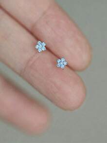 1對S925純銀星星與小花鋯石極簡優雅女款耳釘，高品質節日生日女孩禮物 - 花朵6 - 查看 1