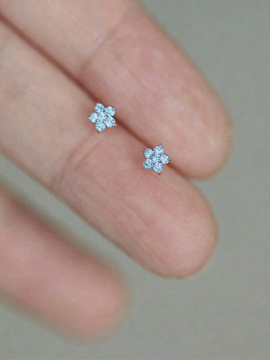 1對S925純銀星星與小花鋯石極簡優雅女款耳釘，高品質節日生日女孩禮物 - 花朵6 - 查看 1