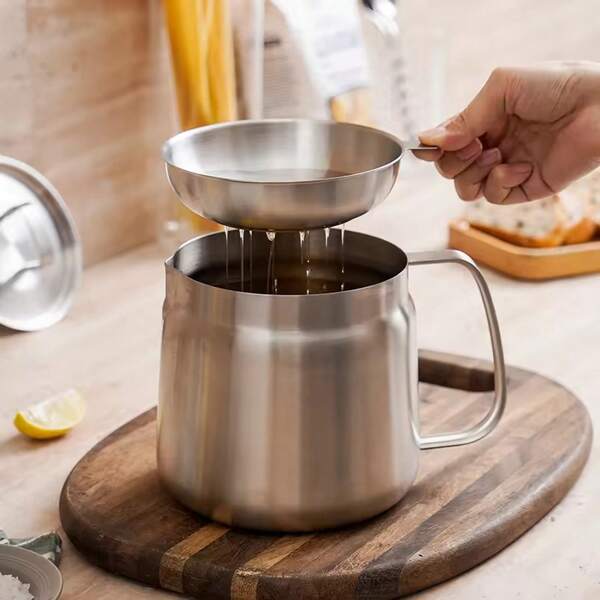 2L Stainless Steel Oil Filter Pot, With Fine Mesh Filter, Oil Storage Tank, Frying Basket