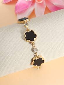 1pc Fashion Minimalist 5-Petal Flower & 5-Leaf Clover Bracelet, Sweet & Versatile For Summer, Rhinestone Inlaid, Stylish Charm, Perfect For Daily Wear/Gift - Black - View 5